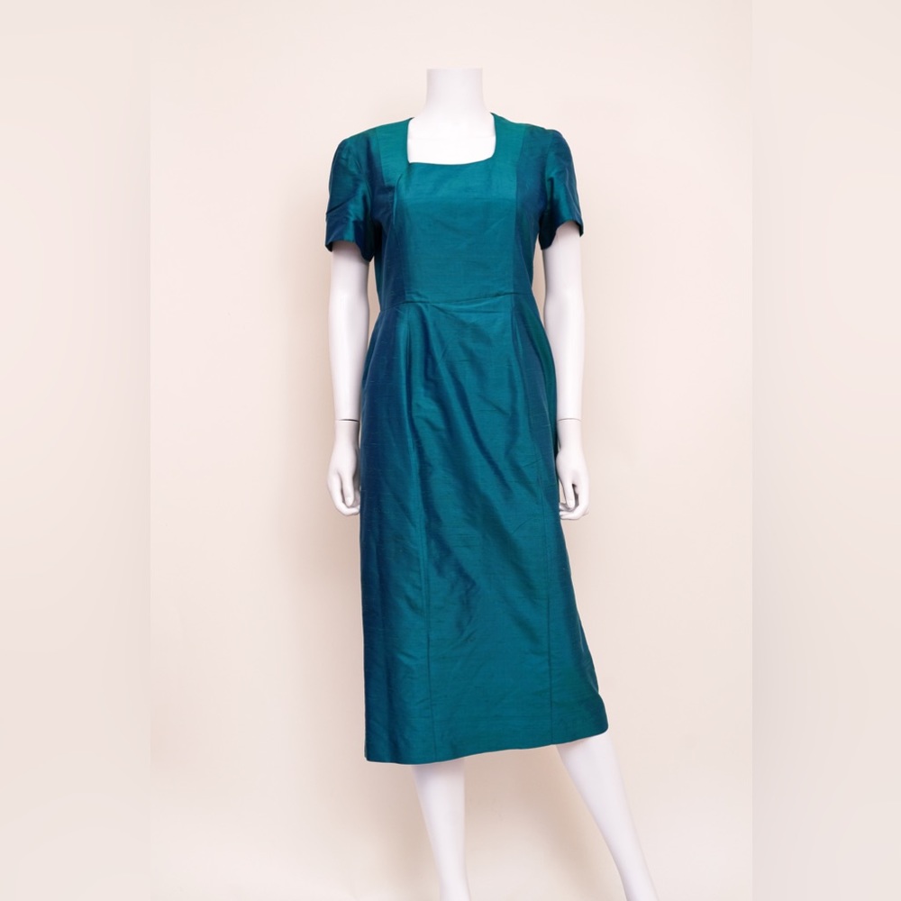 B MICHAEL Vintage Linen Knee-Length Short Sleeve Blue Dress 8
